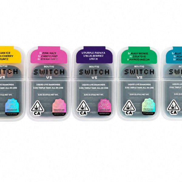 Five Boutiq Switch V5 triple tank vape packs in the multi-strain flavor range, 2.5g each