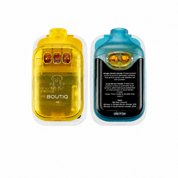 Yellow and blue Boutiq ORB Switch V5 triple tank vape devices with volt control button