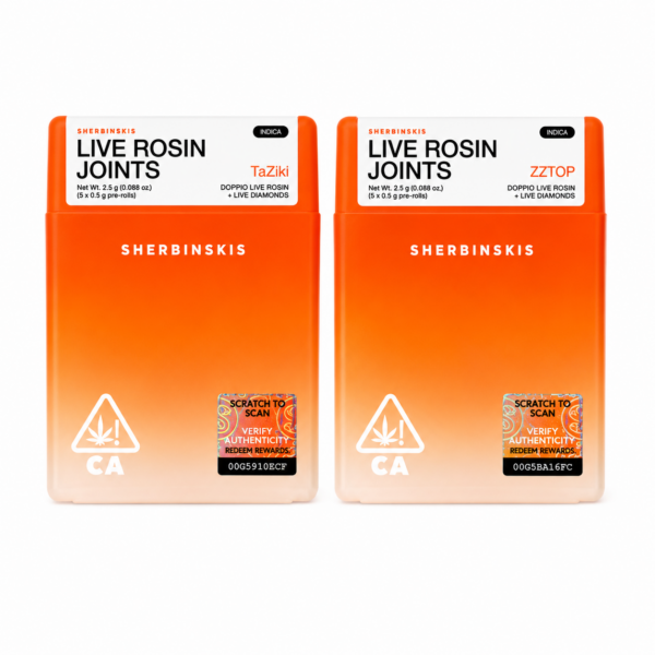 Two Sherbinskis Live Rosin Joints packs, five 0.5g mini pre-rolls per pack, cannabis infused