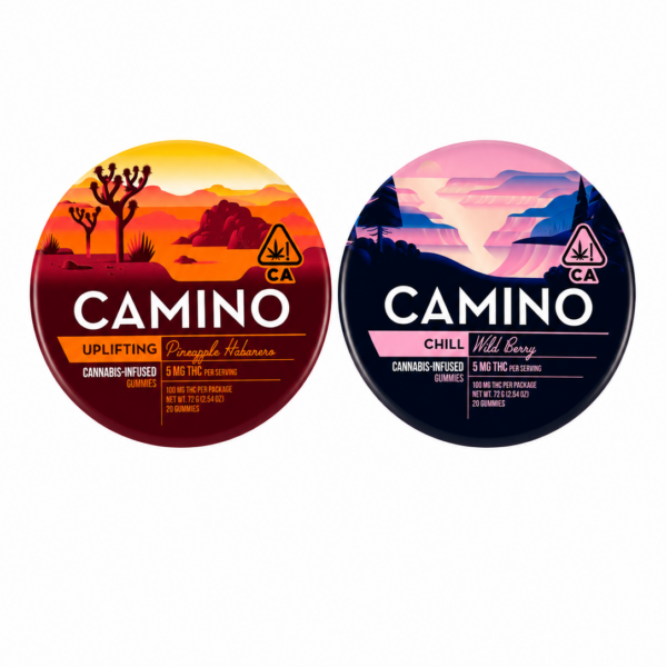 Camino midnight blueberry and strawberry sunset gummy tins, cannabis edibles with CBN for sleep