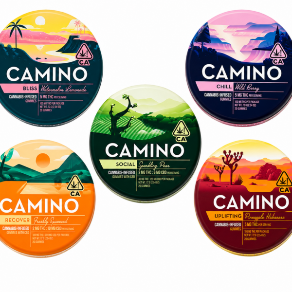 Five Camino gummy tins including midnight blueberry and sparkling pear, 5mg THC with 1mg CBN