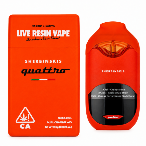 Sherbinskis Quattro live resin vape box beside the black 2g dual-chamber vape device