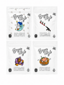 Four Sugar High vegan cannabis gummy packets with illustrated fruit and dessert flavor artwork