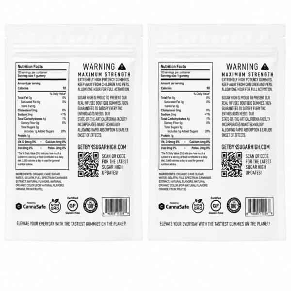Back labels of two Sugar High vegan gummy packets showing ingredients and THC dosage information
