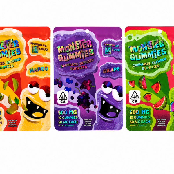 Three Loud Monster Gummies pouches in orange, purple and green, 500mg THC with 50mg per gummy