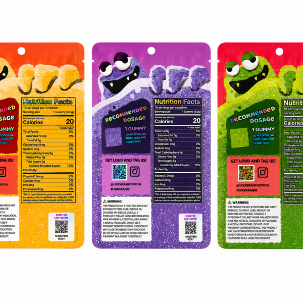 Back panels of three Loud Monster Gummies pouches listing ingredients and cannabis dosage warnings