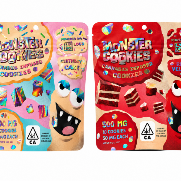 Three Loud Monster Cookies pouches side by side showing the cannabis-infused flavor range, 500mg each
