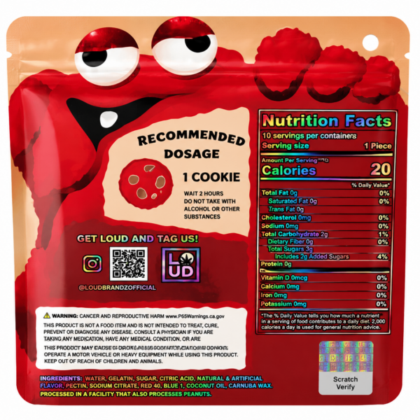 Back label of a red Loud Monster Cookies pouch with dosage, ingredients and cannabis warning panel