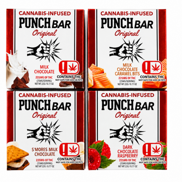Four Punch Bar Original cannabis chocolate boxes at 225mg THC in milk and dark chocolate flavors