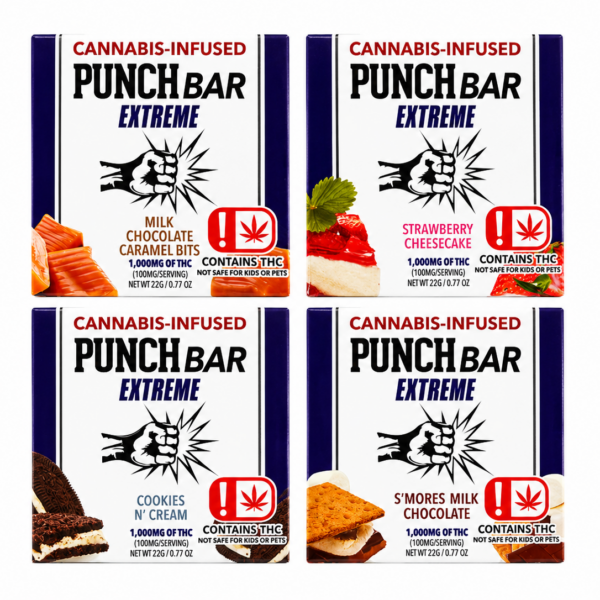 Four Punch Bar Extreme cannabis chocolate boxes at 1000mg THC, high-potency edible chocolate