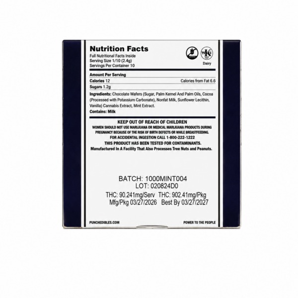 Back label of a Punch Bar Extreme chocolate bar listing ingredients and cannabis dosage per square