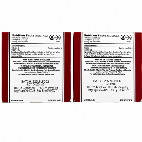 Back label panels of Punch Bar Original chocolate showing ingredients and 225mg THC dosage