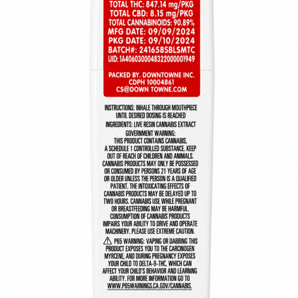 Back label of a Sherbinskis 510 live resin cartridge showing THC content and warnings