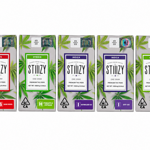 Five Stiiizy 1g pod boxes in the full strain lineup, cannabis oil pods for Stiiizy batteries