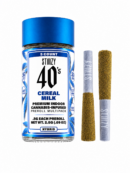 Stiiizy 40's Cereal Milk jar with two kief-coated mini pre-rolls, five 0.5g joints per pack