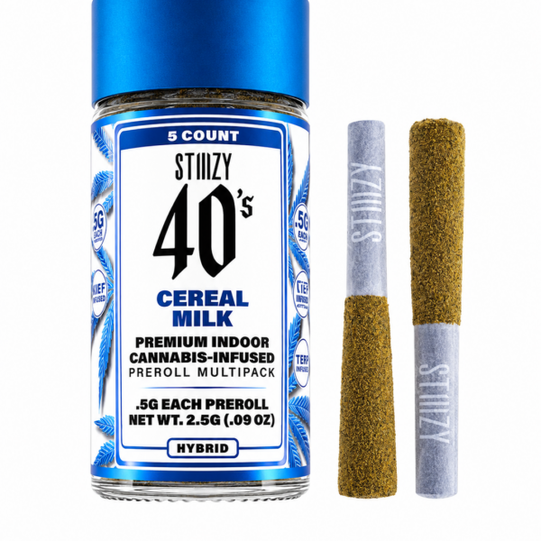 Stiiizy 40's Cereal Milk jar with two kief-coated mini pre-rolls, five 0.5g joints per pack