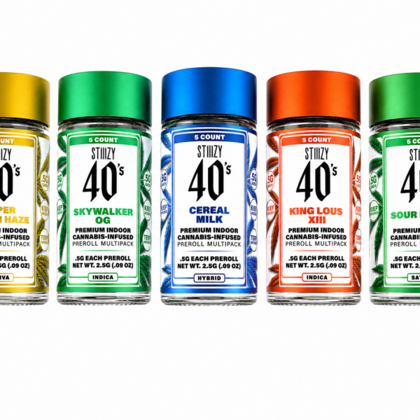 Five Stiiizy 40's mini pre-roll jars in the full strain lineup, kief-coated joints, 2.5g per jar