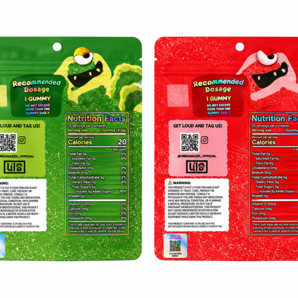 Back labels of green and red Loud Monster Gummies special edition pouches with THC dosage details